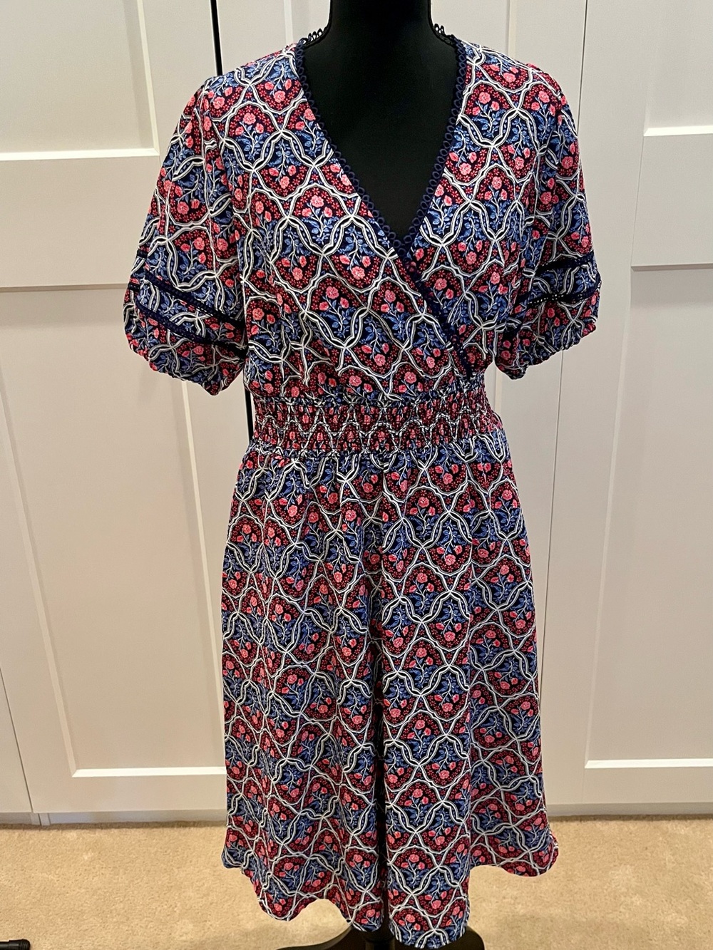 Draper James Navy & Pink Geometric Floral Wrap Midi Dress Floral Cottagecore